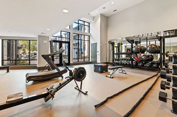 A gym with a rowing machine, dumbbells and weight plates.